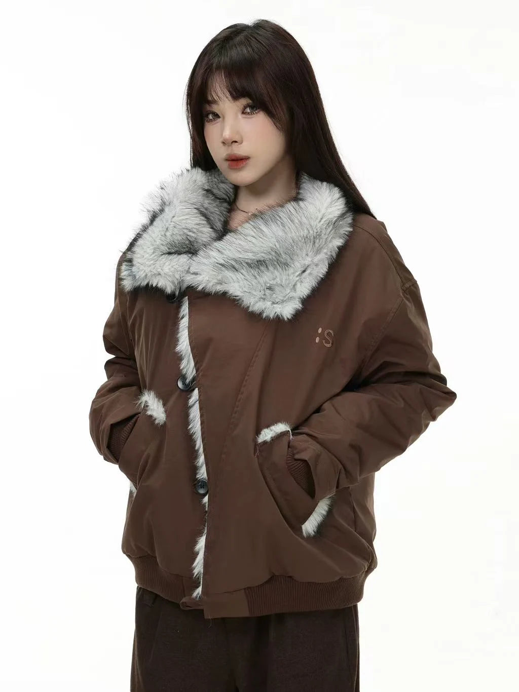 Oversized Shearling Lapel Padded Coat   OL1972