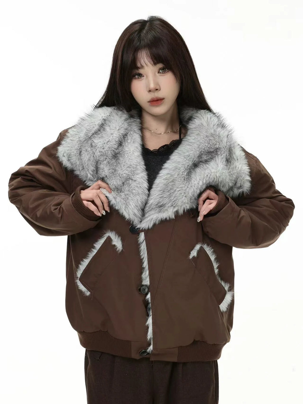Oversized Shearling Lapel Padded Coat   OL1972
