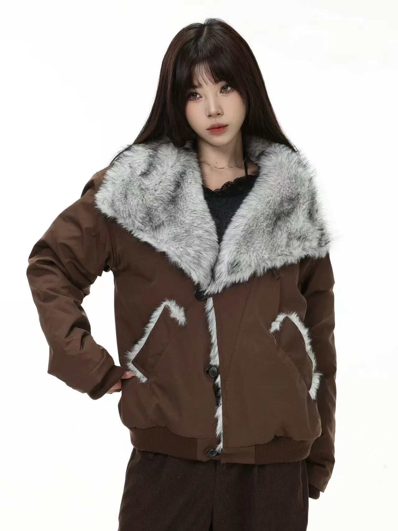 Oversized Shearling Lapel Padded Coat   OL1972