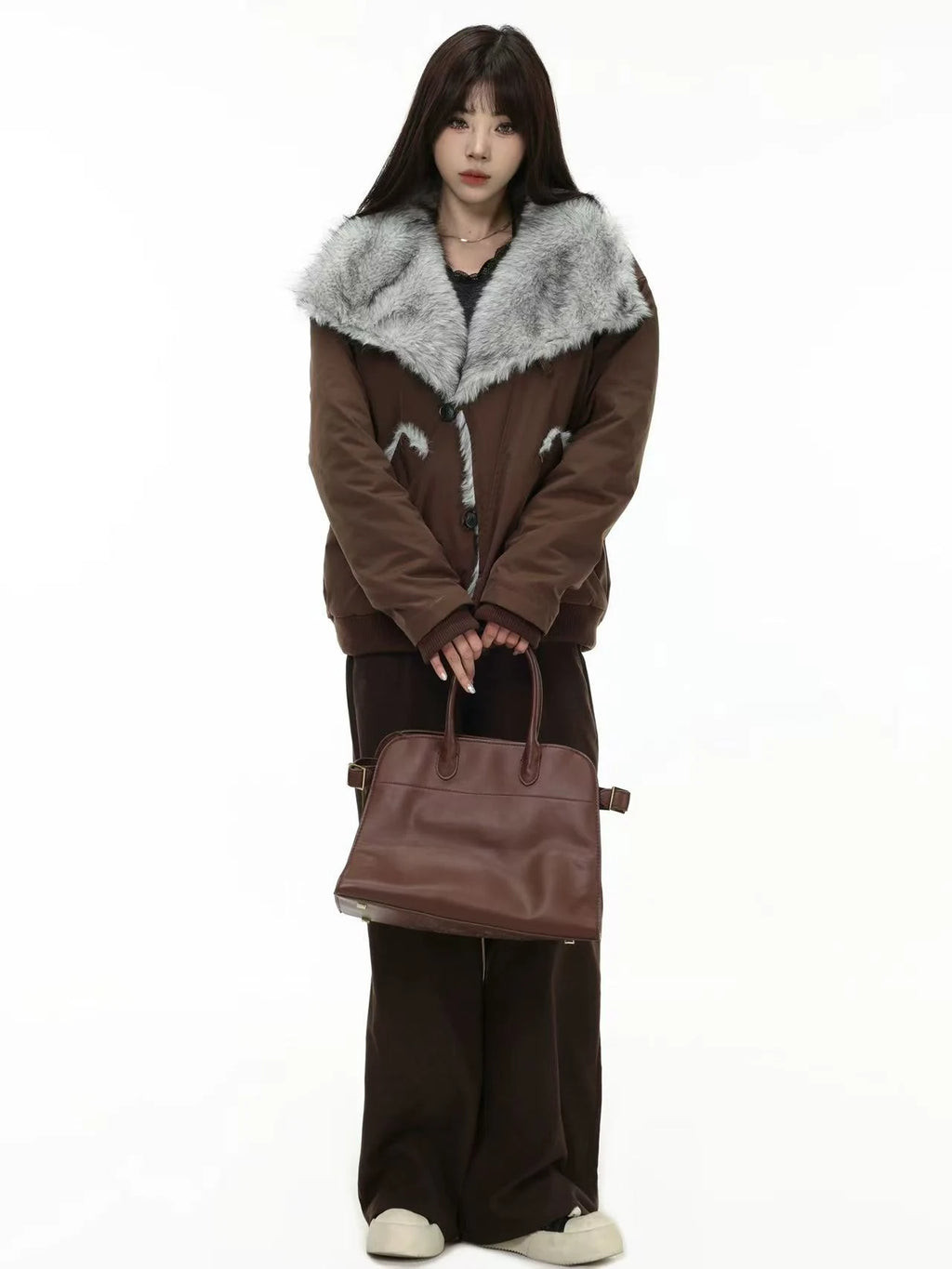 Oversized Shearling Lapel Padded Coat   OL1972