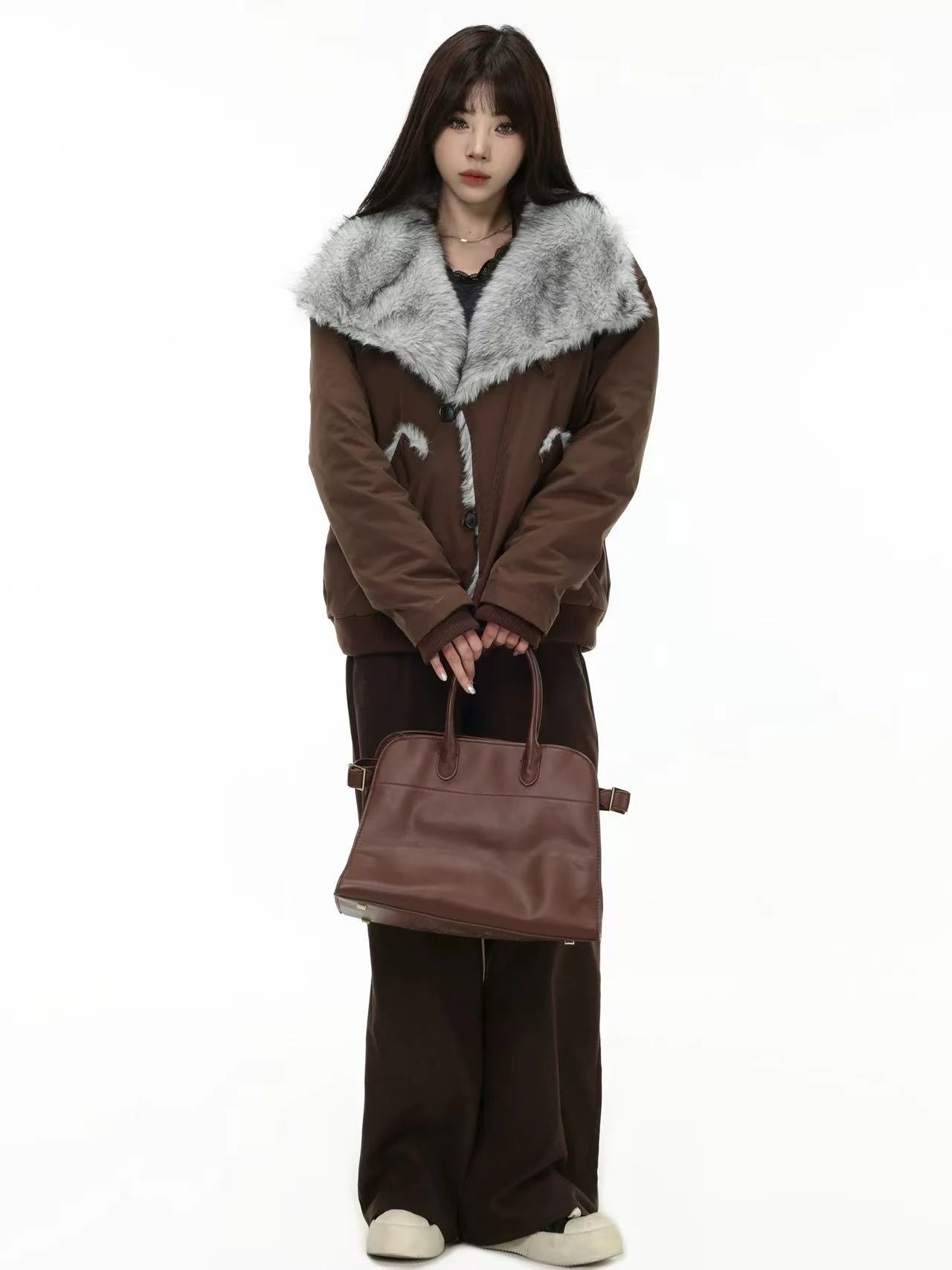 Oversized Shearling Lapel Padded Coat   OL1972