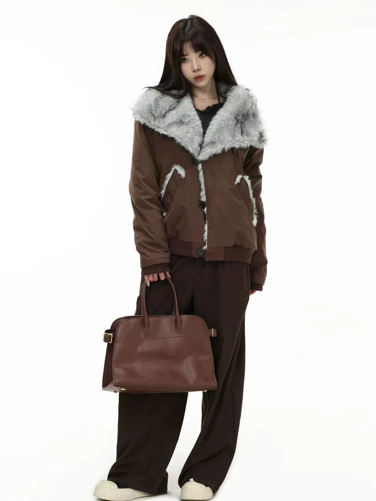Oversized Shearling Lapel Padded Coat   OL1972