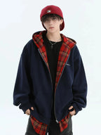 Layered Plaid Hoodie Cardigan   OL1980