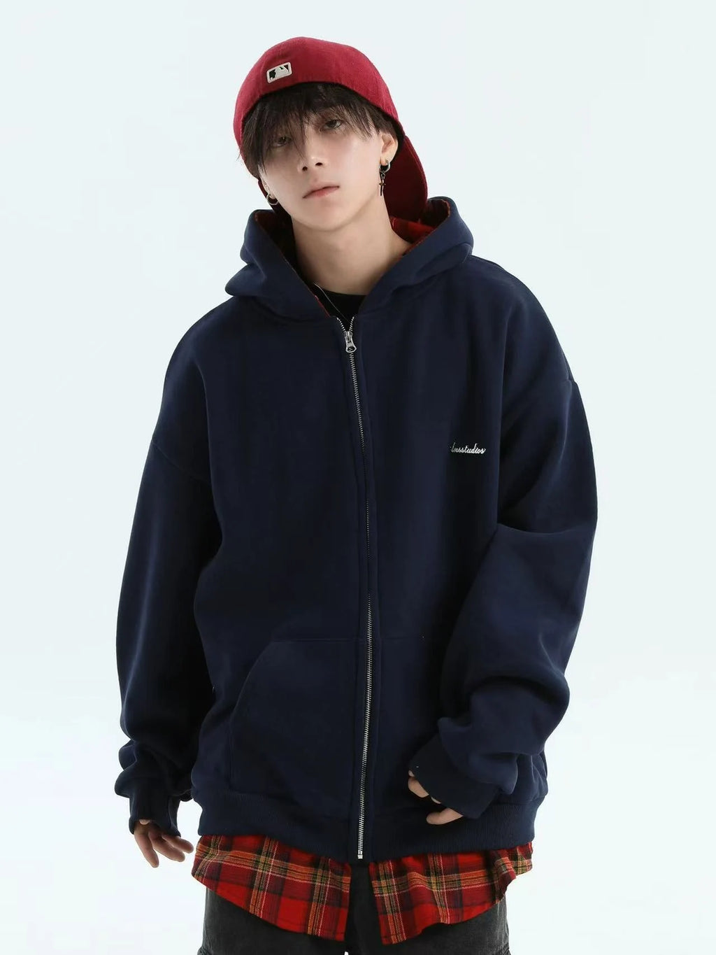 Layered Plaid Hoodie Cardigan   OL1980