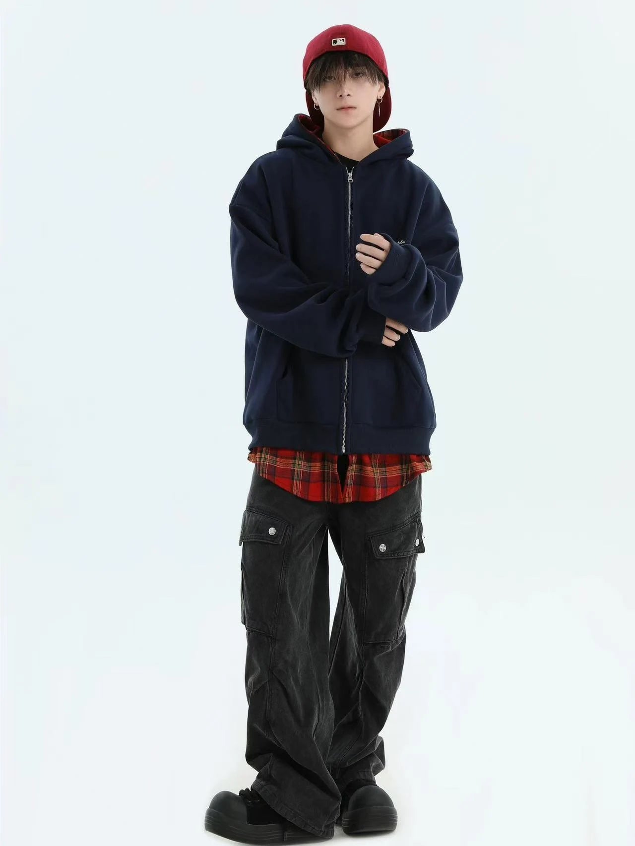 Layered Plaid Hoodie Cardigan   OL1980