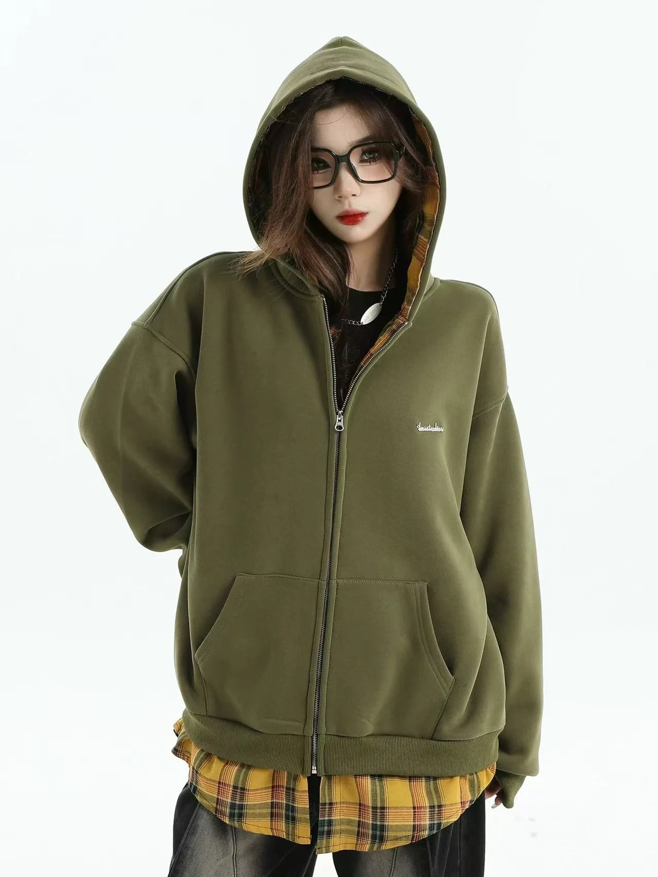 Layered Plaid Hoodie Cardigan   OL1980