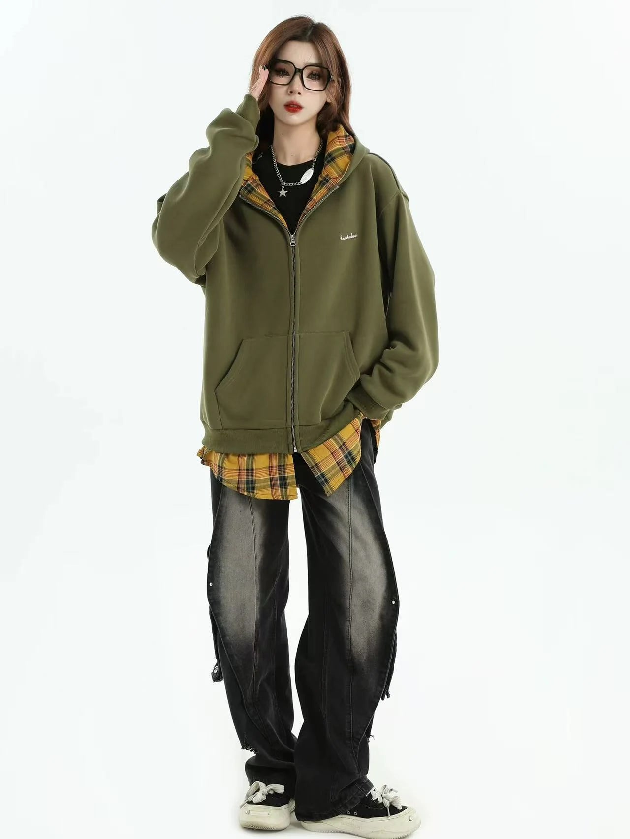 Layered Plaid Hoodie Cardigan   OL1980