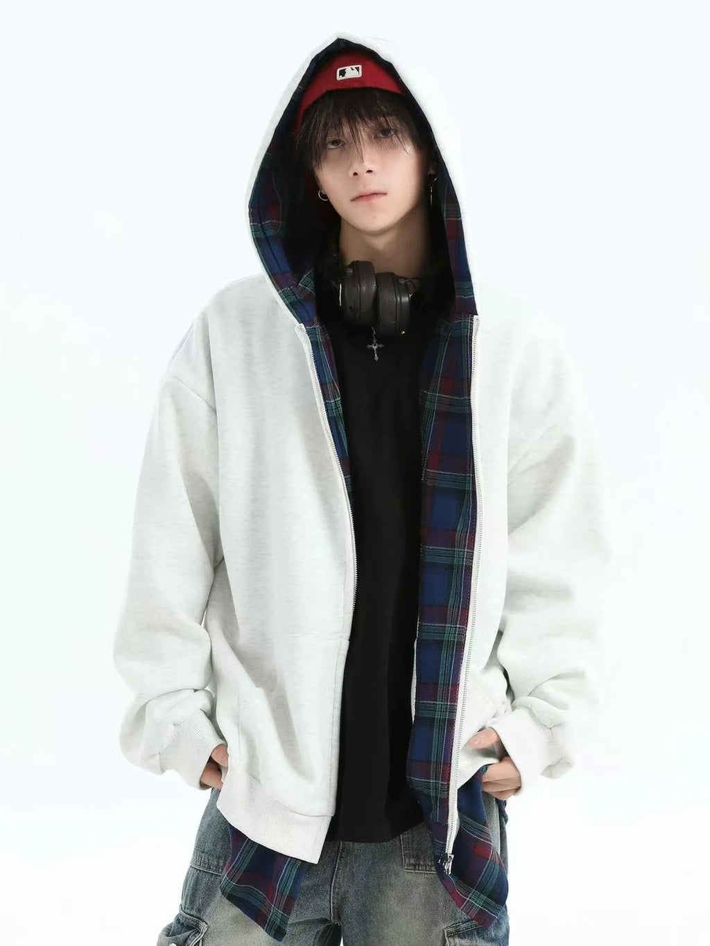 Layered Plaid Hoodie Cardigan   OL1980
