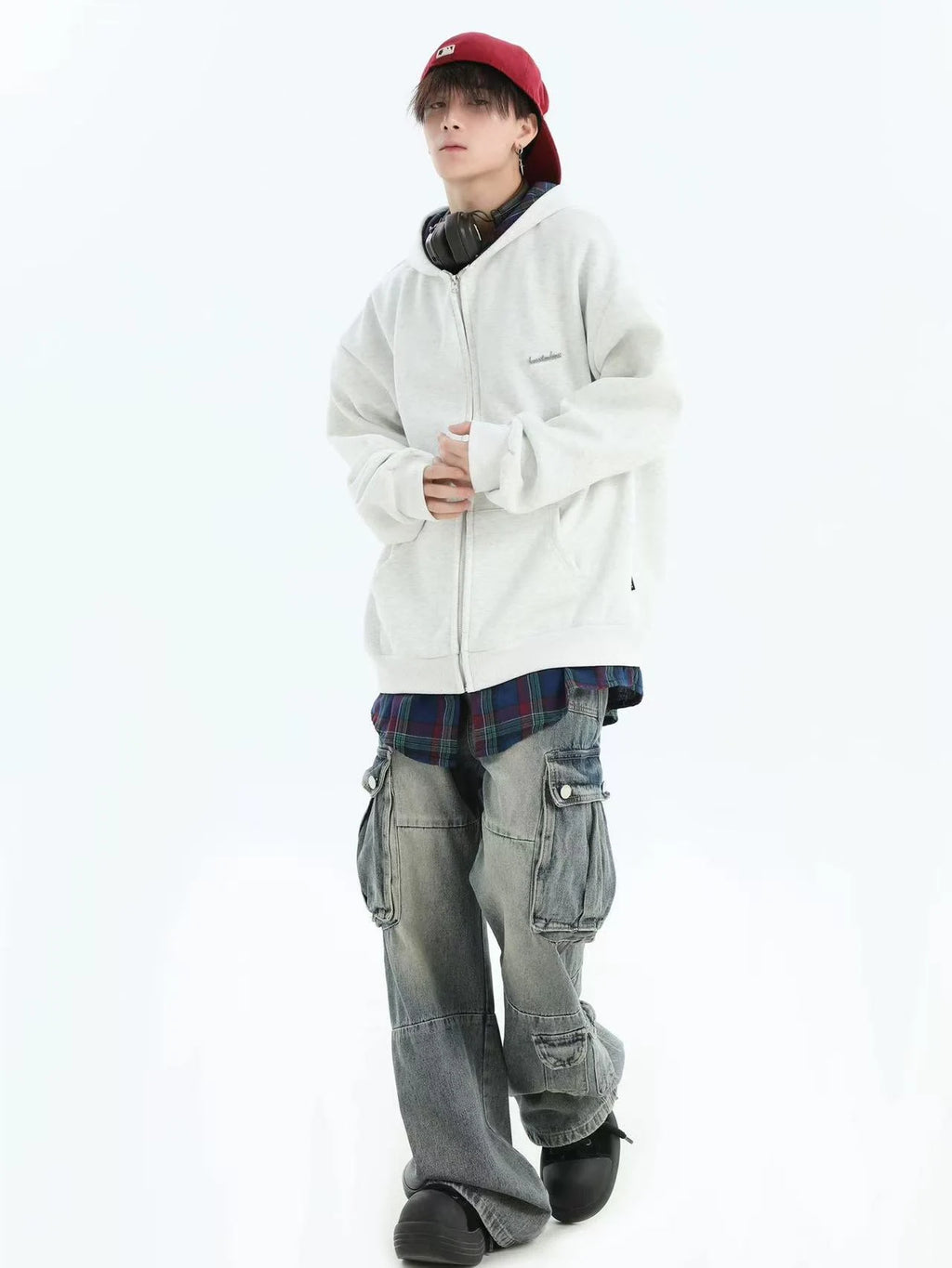 Layered Plaid Hoodie Cardigan   OL1980