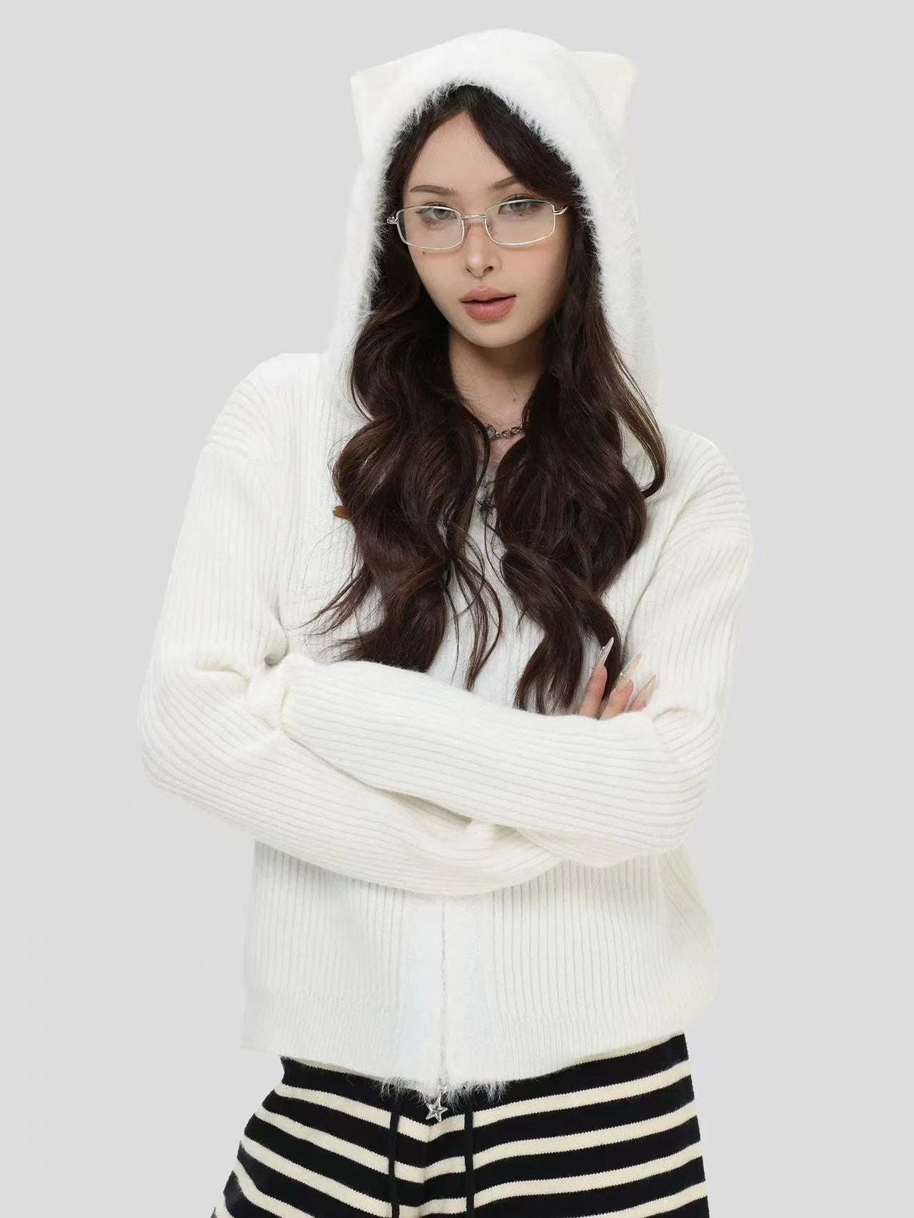 Layered Plaid Hoodie Cardigan   OL1980