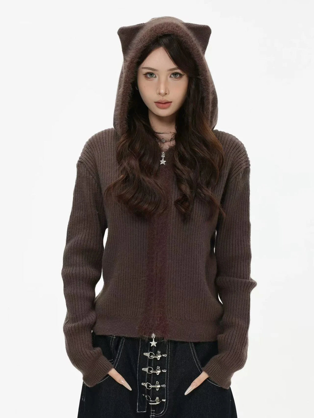 Bear-Ear Knit Hooded Cardigan   OL1981