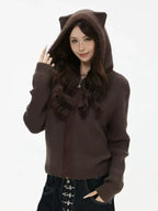 Bear-Ear Knit Hooded Cardigan   OL1981