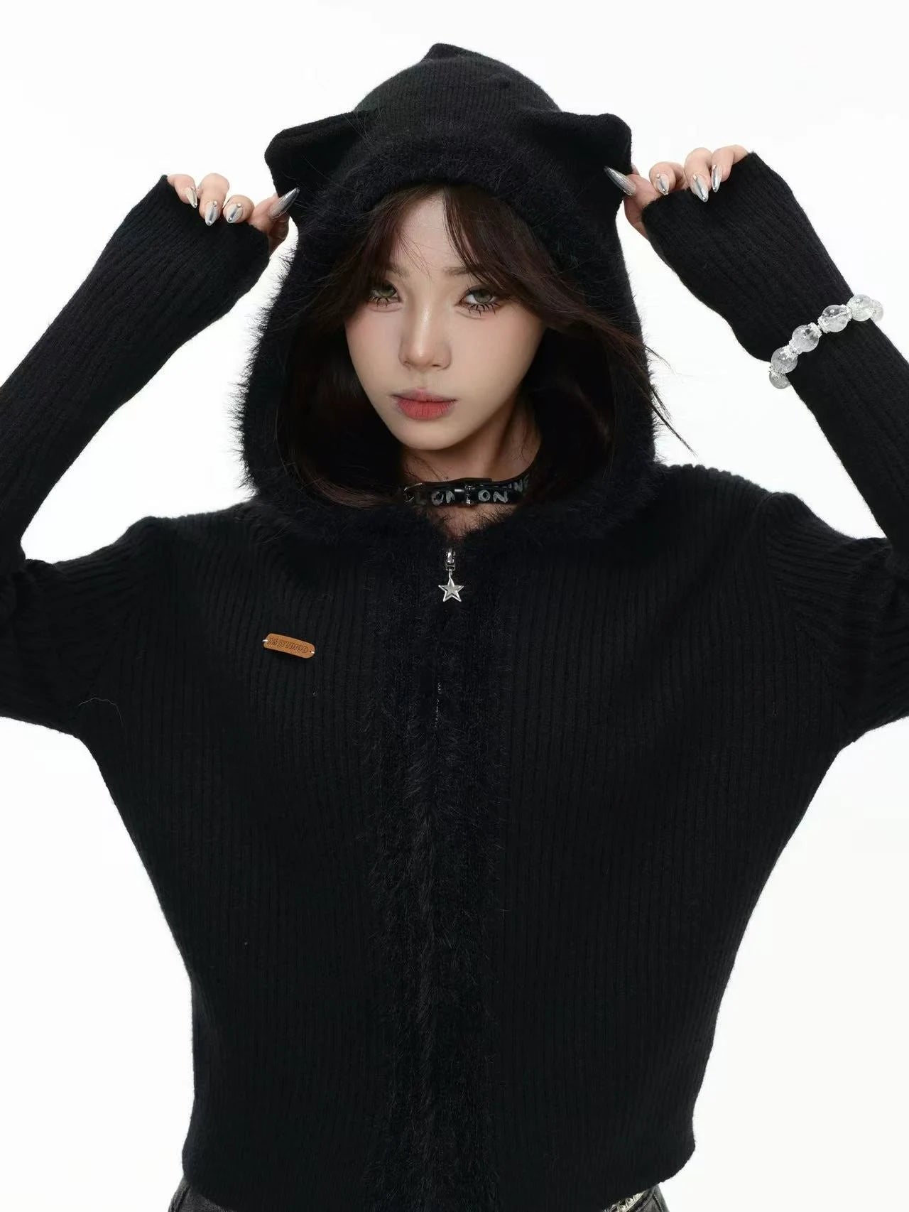 Bear-Ear Knit Hooded Cardigan   OL1981