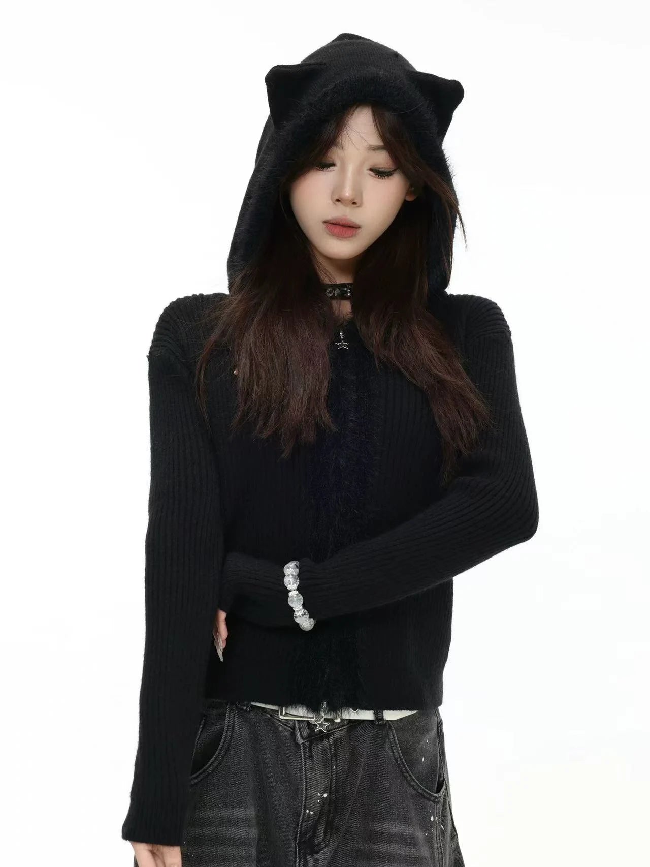 Bear-Ear Knit Hooded Cardigan   OL1981