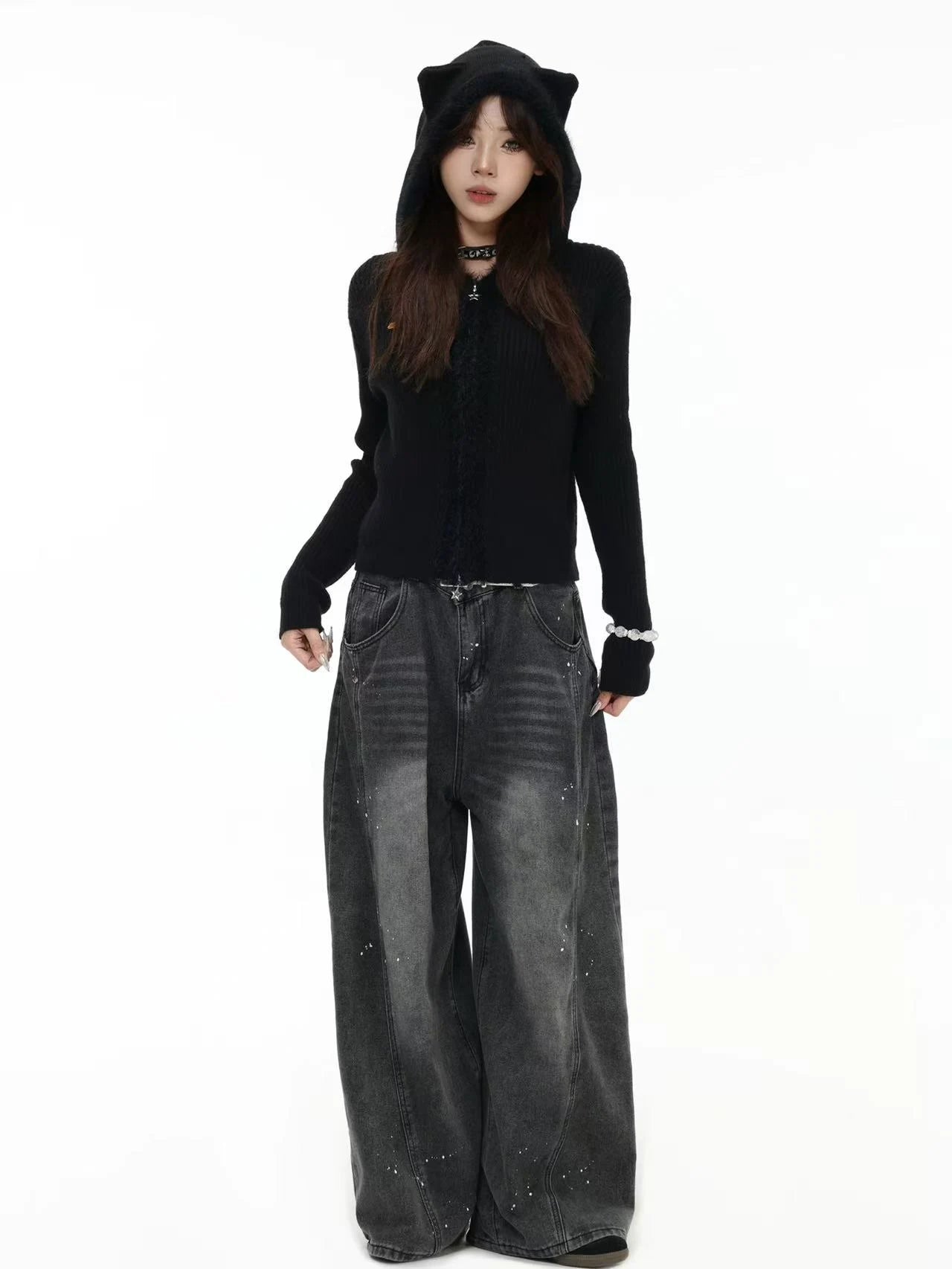 Bear-Ear Knit Hooded Cardigan   OL1981