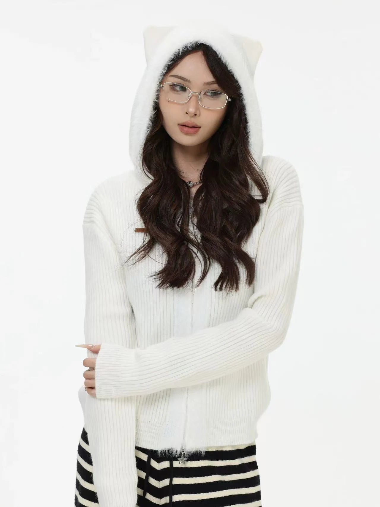 Bear-Ear Knit Hooded Cardigan   OL1981