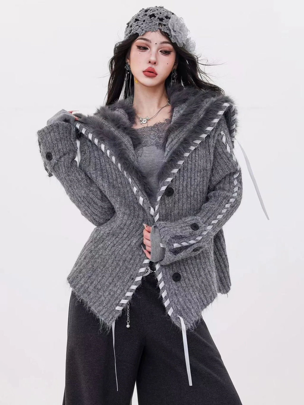 Faux-Fur Collar Knit Cardigan   OL1976