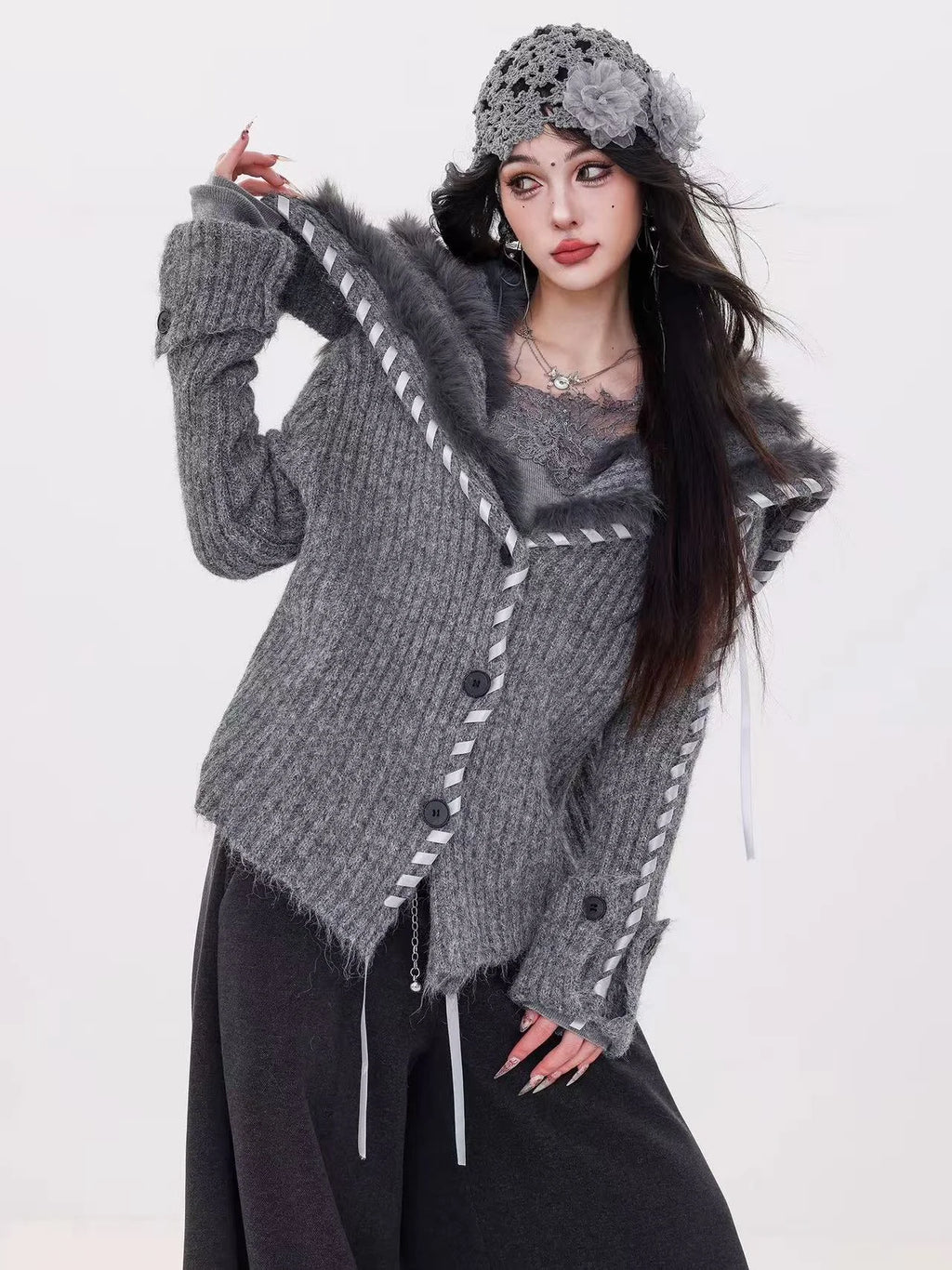 Faux-Fur Collar Knit Cardigan   OL1976