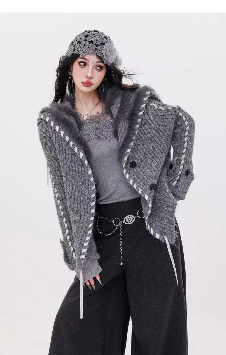 Faux-Fur Collar Knit Cardigan   OL1976