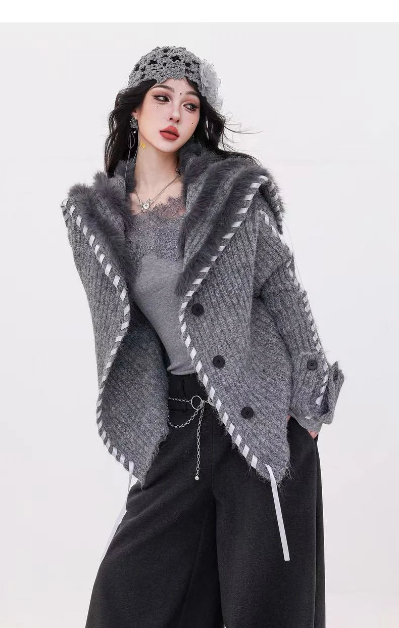 Faux-Fur Collar Knit Cardigan   OL1976