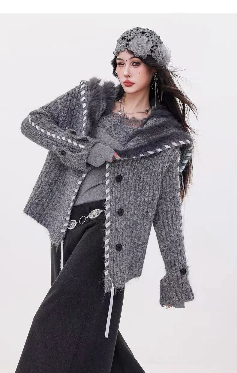 Faux-Fur Collar Knit Cardigan   OL1976