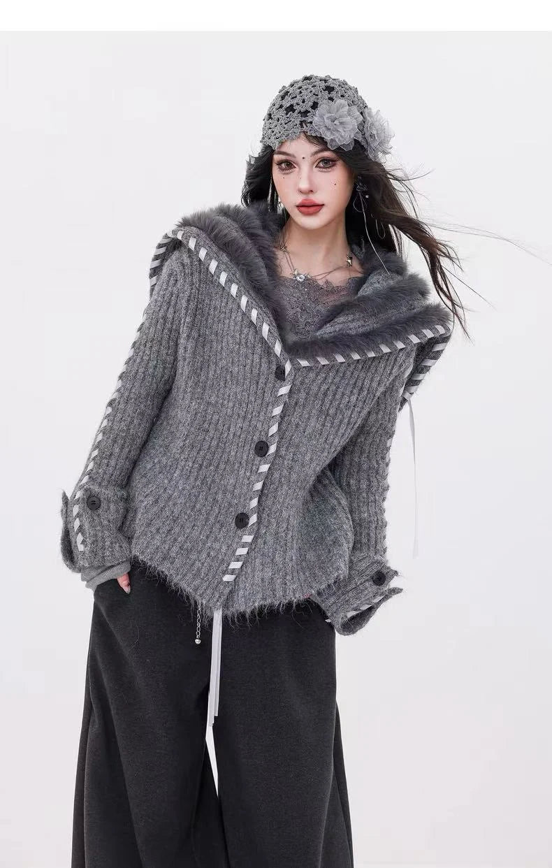 Faux-Fur Collar Knit Cardigan   OL1976