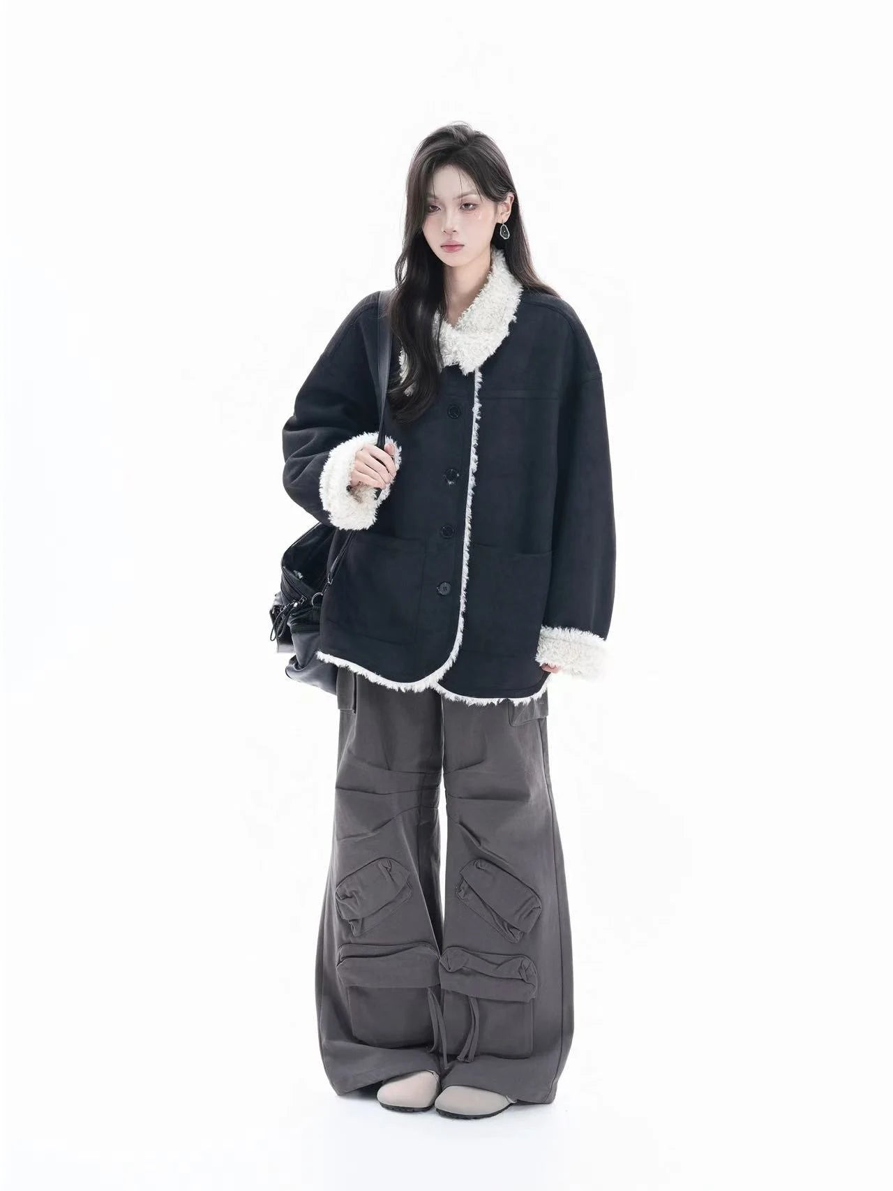 Shearling-Collar Suede Touch Jacket   OL1974