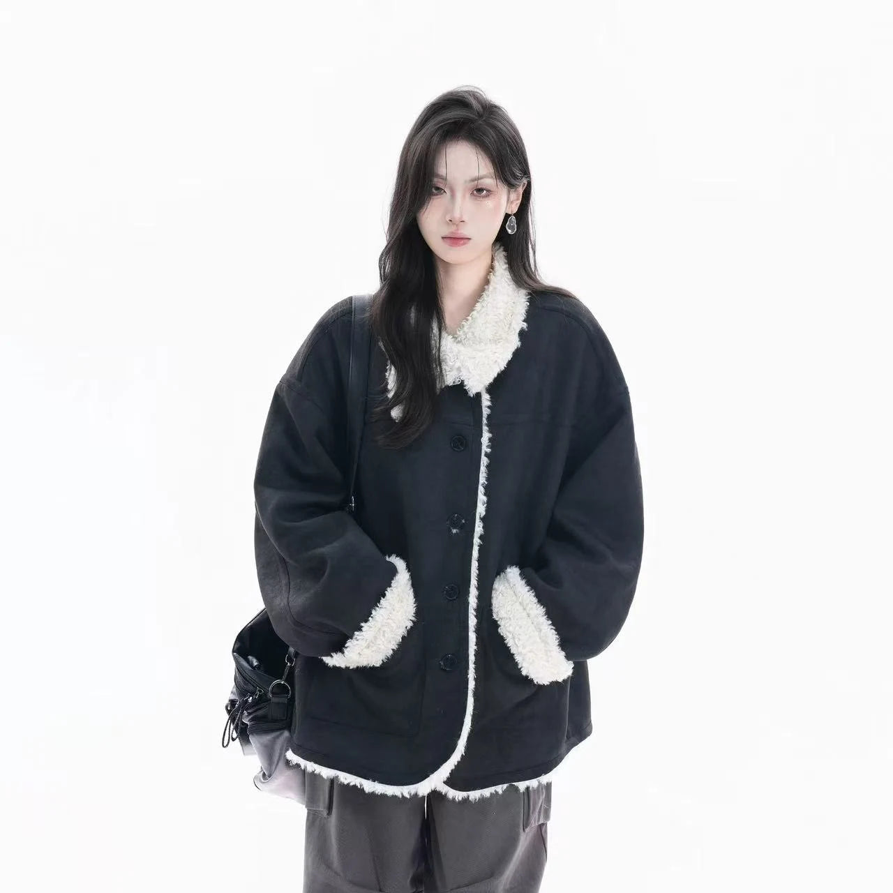 Shearling-Collar Suede Touch Jacket   OL1974