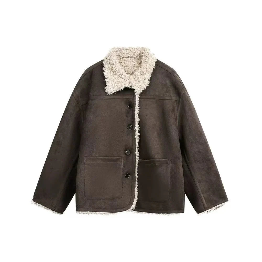 Shearling-Collar Suede Touch Jacket   OL1974