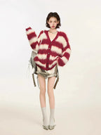 Striped V-Neck Fluffy Knit Cardigan   OL1996