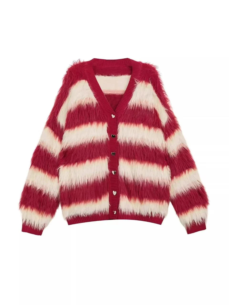 Striped V-Neck Fluffy Knit Cardigan   OL1996