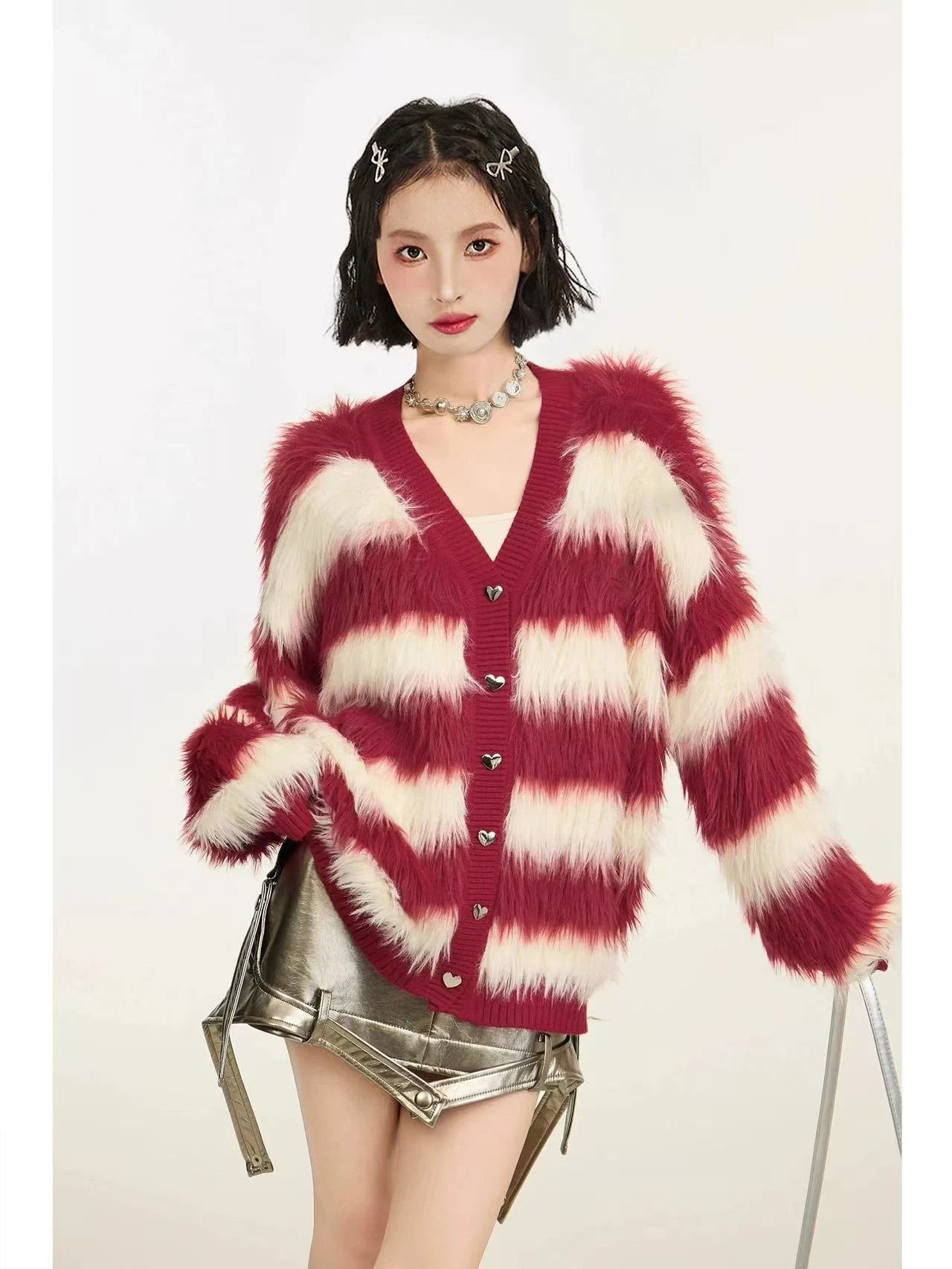 Striped V-Neck Fluffy Knit Cardigan   OL1995