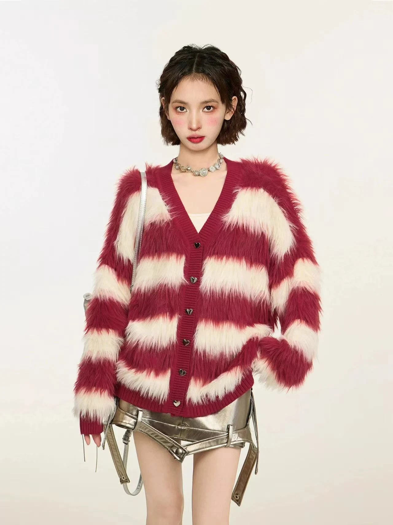 Striped V-Neck Fluffy Knit Cardigan   OL1995