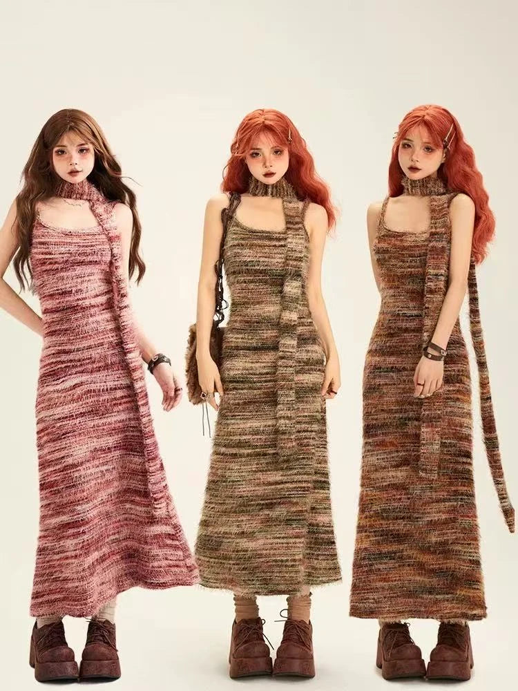 Striped Knit Bodycon Dress with Contrast Design   OL2001