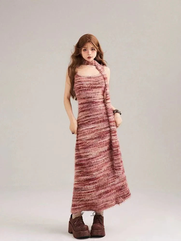 Striped Knit Bodycon Dress with Contrast Design   OL2001