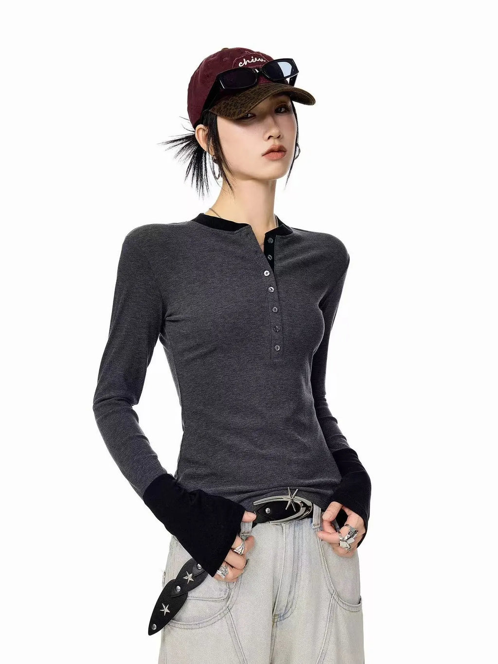 Vintage Layered Henley Long Sleeve Top   OL2010