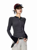 Vintage Layered Henley Long Sleeve Top   OL2010