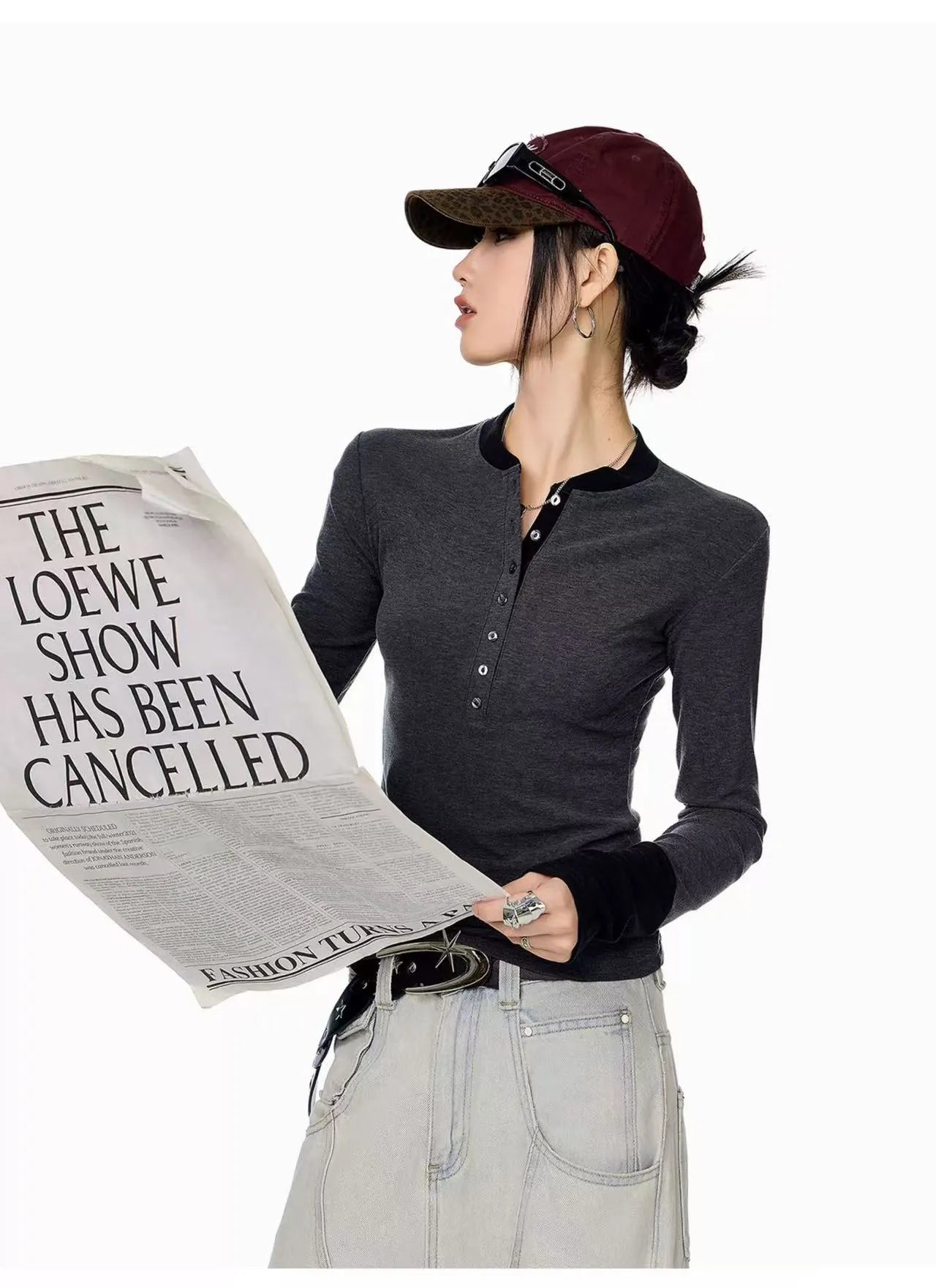 Vintage Layered Henley Long Sleeve Top   OL2010