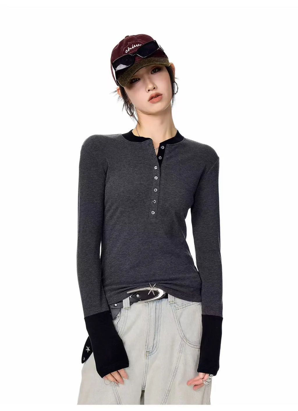 Vintage Layered Henley Long Sleeve Top   OL2010