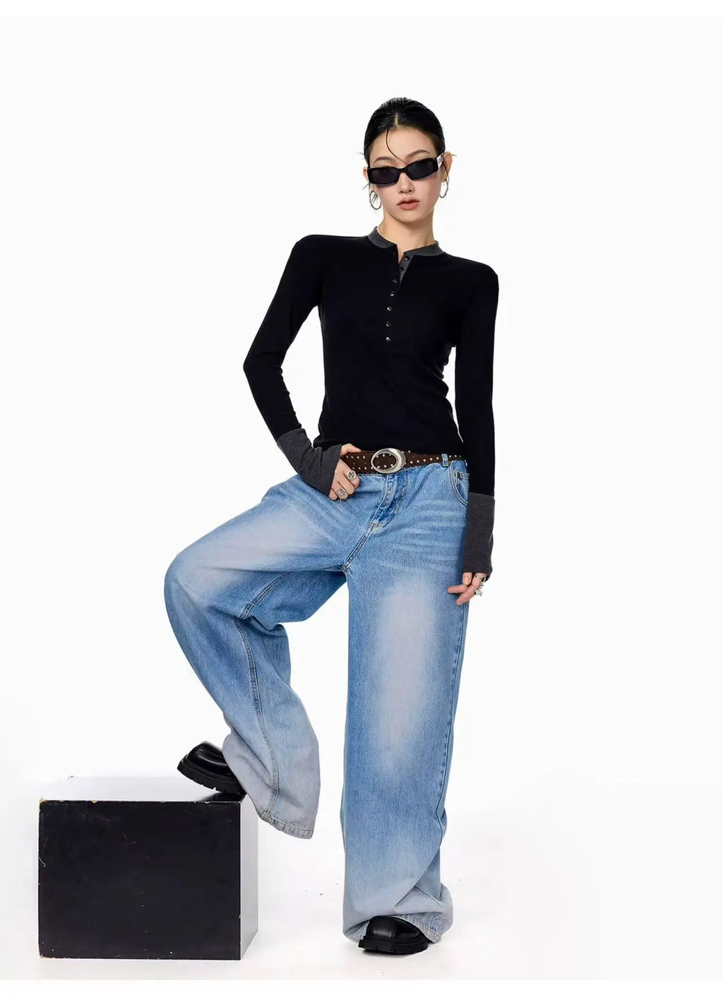 Vintage Layered Henley Long Sleeve Top   OL2010