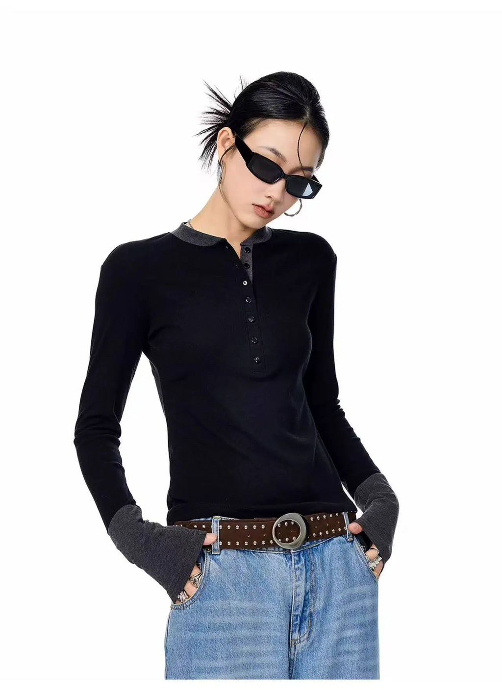 Vintage Layered Henley Long Sleeve Top   OL2010