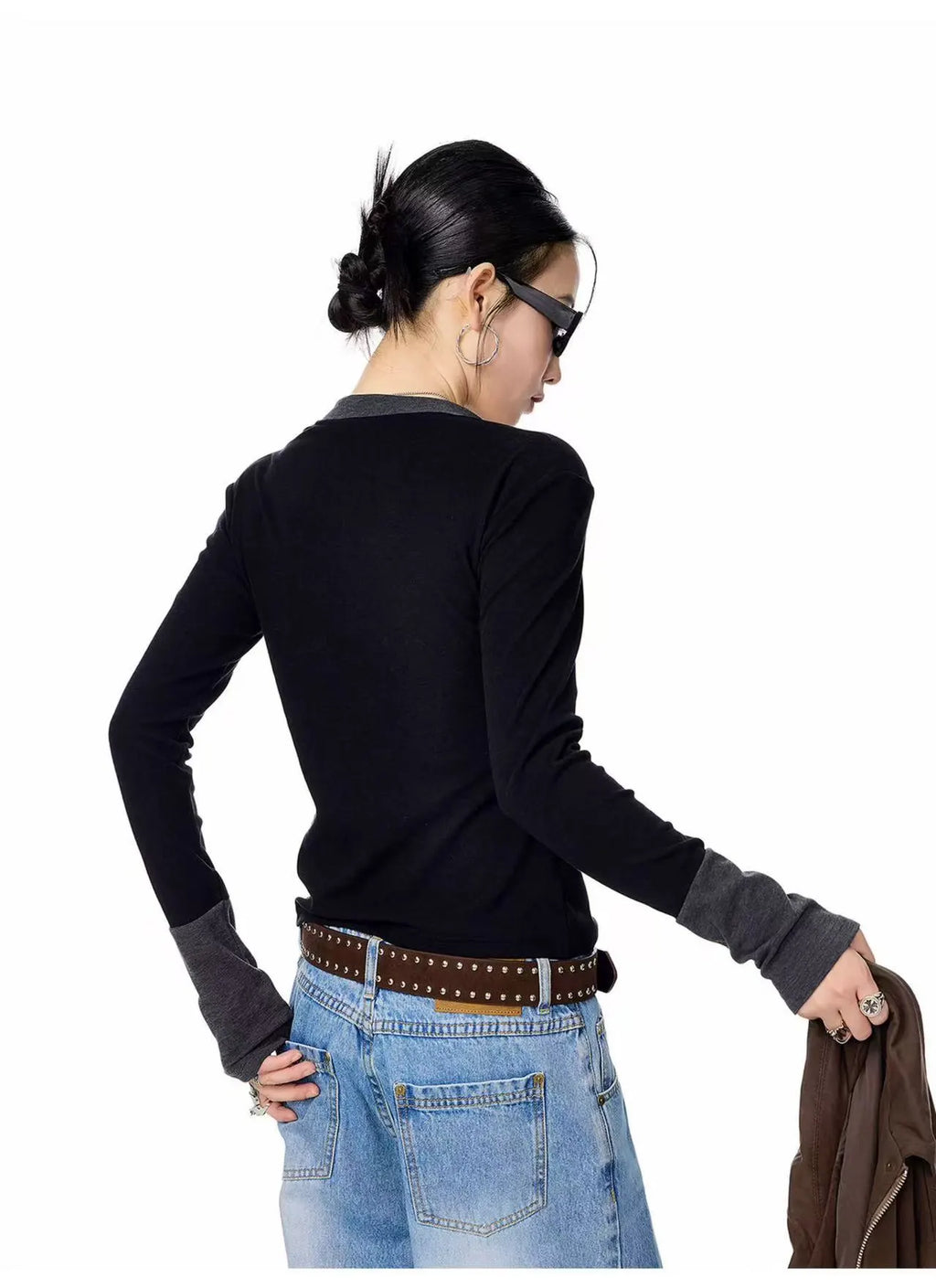 Vintage Layered Henley Long Sleeve Top   OL2010