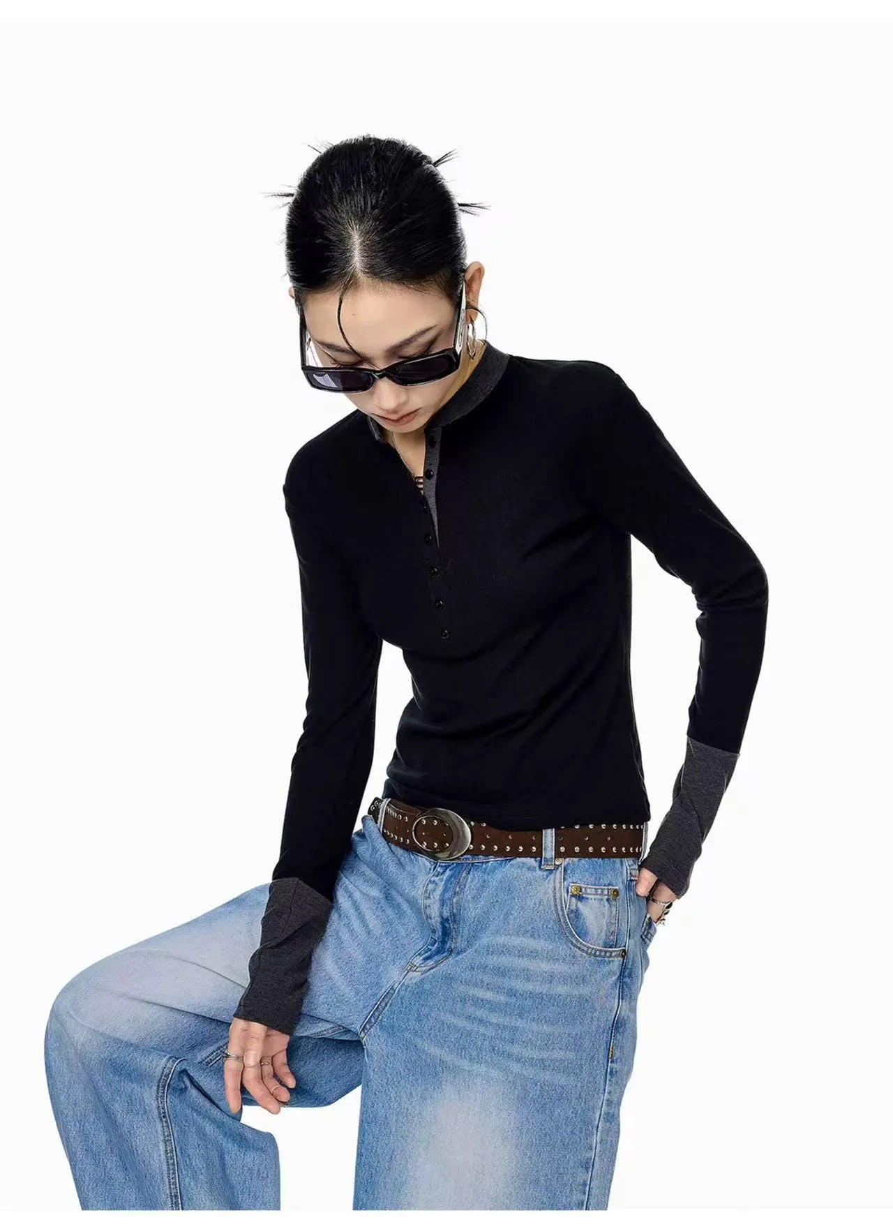 Vintage Layered Henley Long Sleeve Top   OL2010