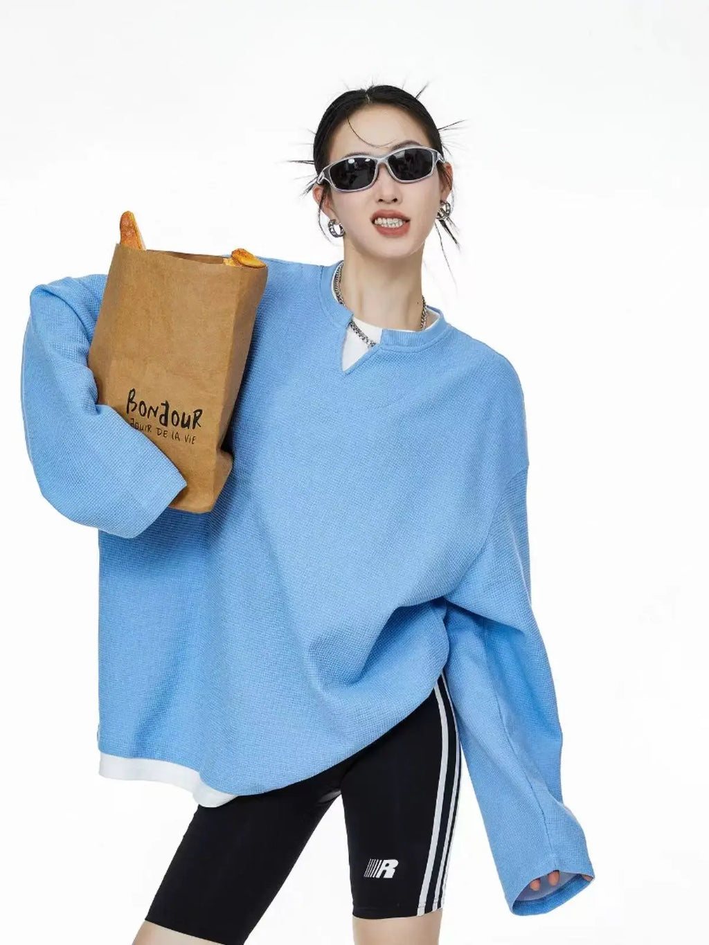 Waffle Knit Henley Relaxed Sweat Top   OL2011