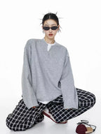 Waffle Knit Henley Relaxed Sweat Top   OL2011