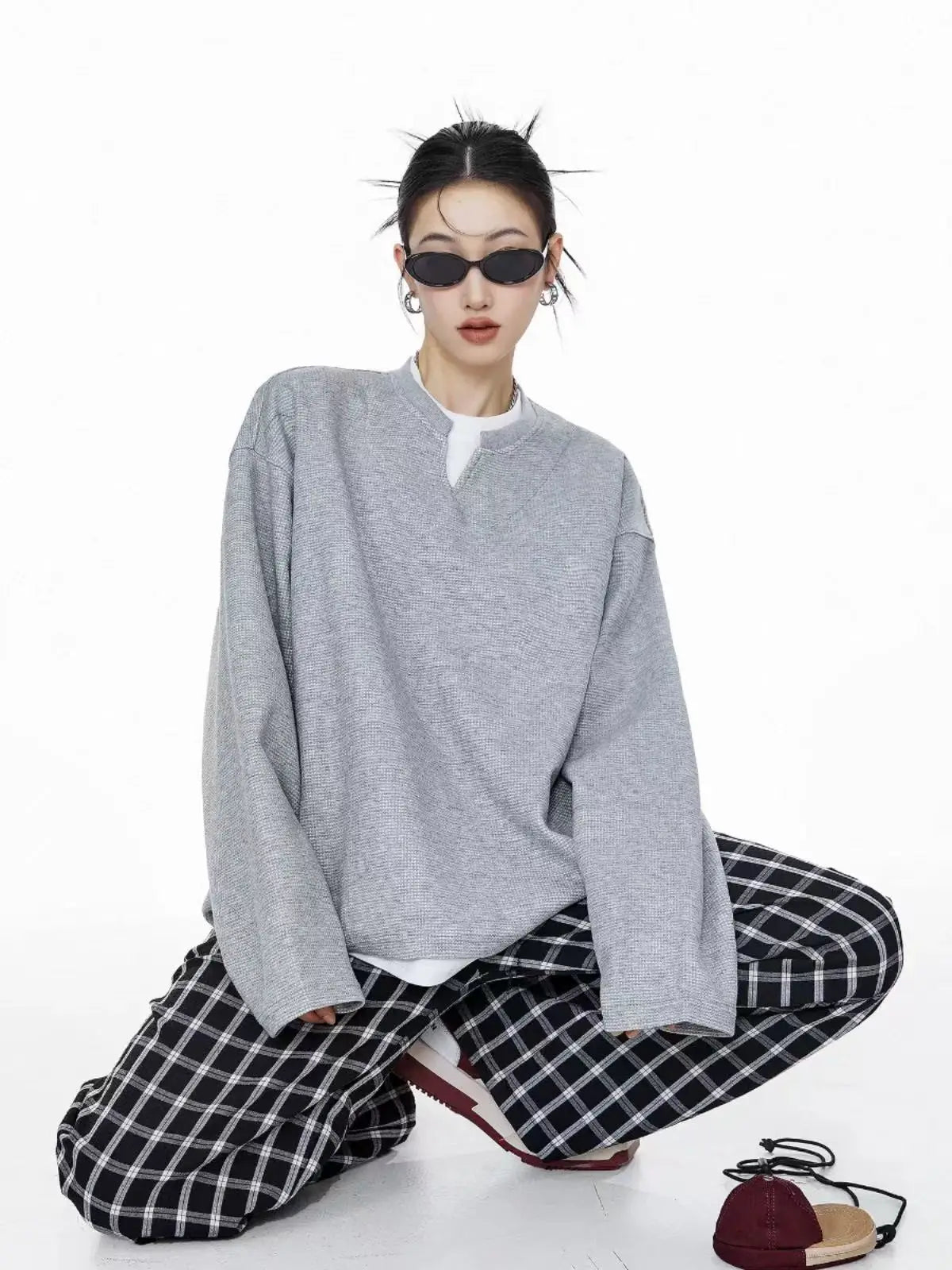 Waffle Knit Henley Relaxed Sweat Top   OL2011