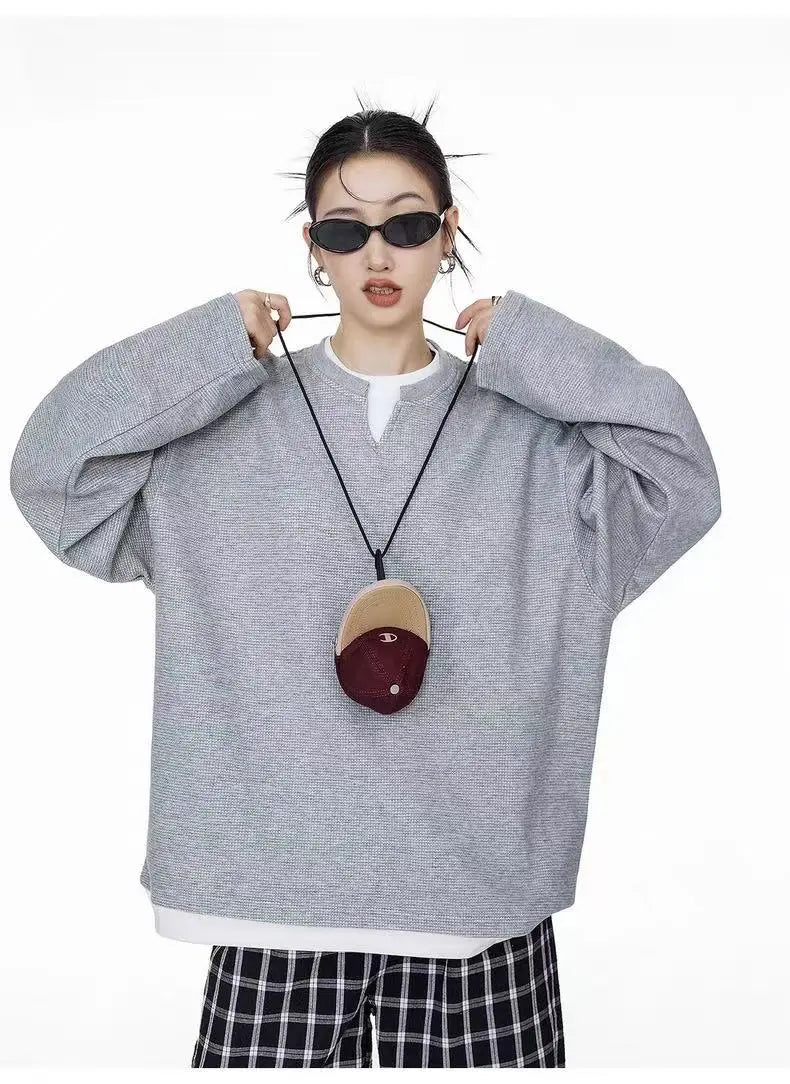 Waffle Knit Henley Relaxed Sweat Top   OL2011