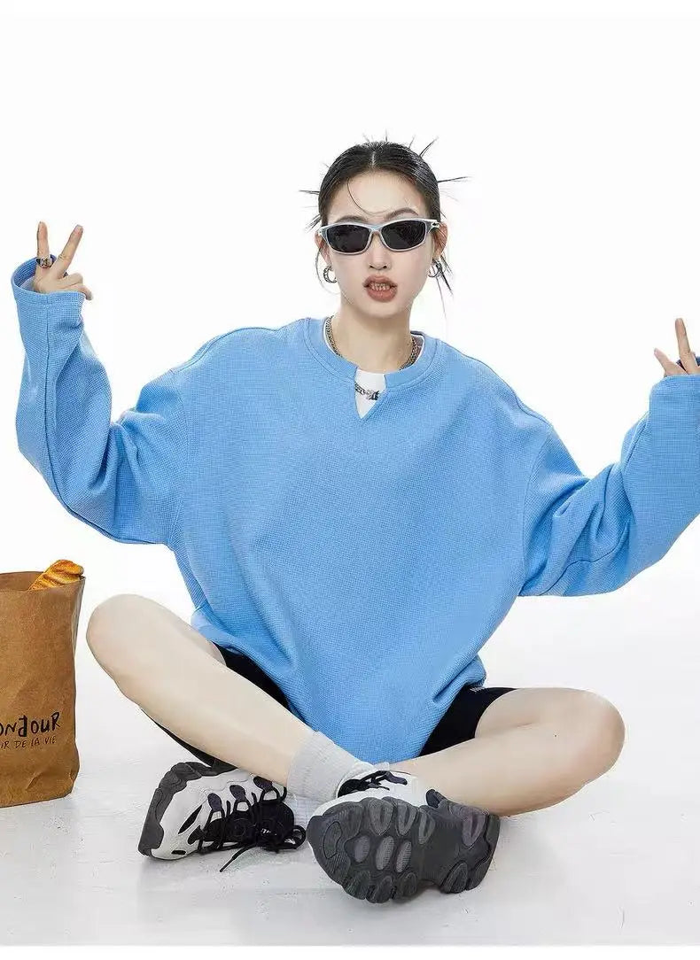 Waffle Knit Henley Relaxed Sweat Top   OL2011