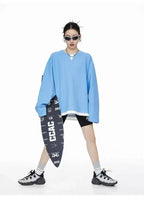 Waffle Knit Henley Relaxed Sweat Top   OL2011