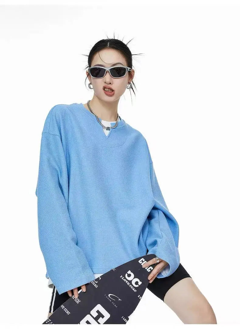 Waffle Knit Henley Relaxed Sweat Top   OL2011